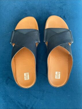 Fitflop Women's navy Slide Sandals with Tan Footbed